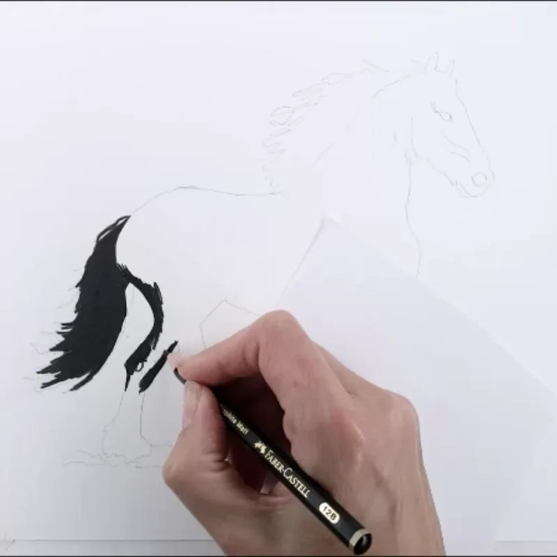 Pencil drawing tutorial of a black horse demonstrating realistic highlights and shading.